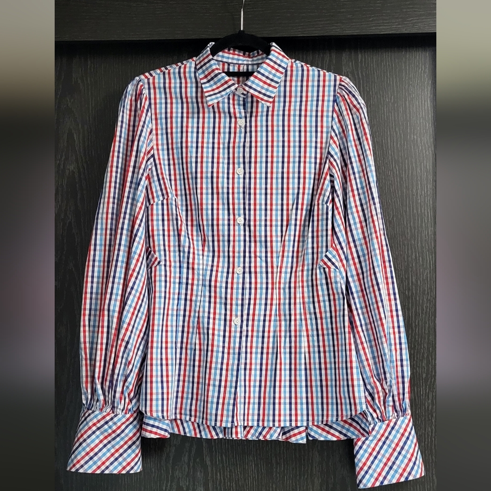 Grayson Peplum Top with a red, white, and blue-gingham pattern